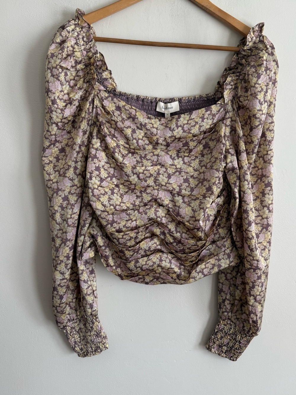 Böhme Floral Ruched Crop Top Long Sleeve Cottagecore Puff Sleeve Lavender